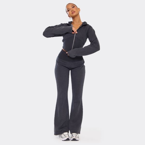 EGO Low Rise Foldover Flared Joggers In Washed Black, Women's Size UK 4 - 2