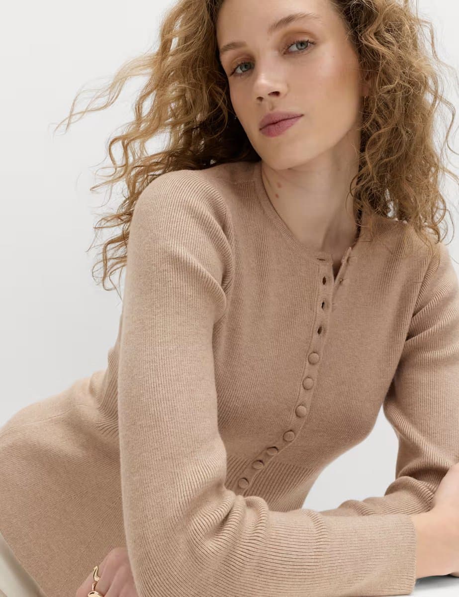 Marks & Spencer M&S Soft Touch Crew Neck Peplum Fitted Cardigan Cappuccino