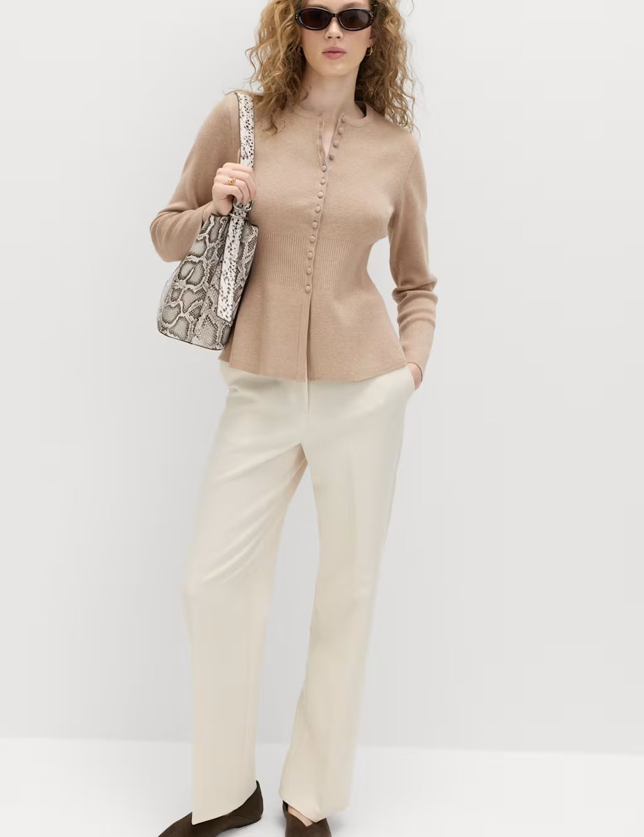 Marks & Spencer M&S Soft Touch Crew Neck Peplum Fitted Cardigan Cappuccino - 2