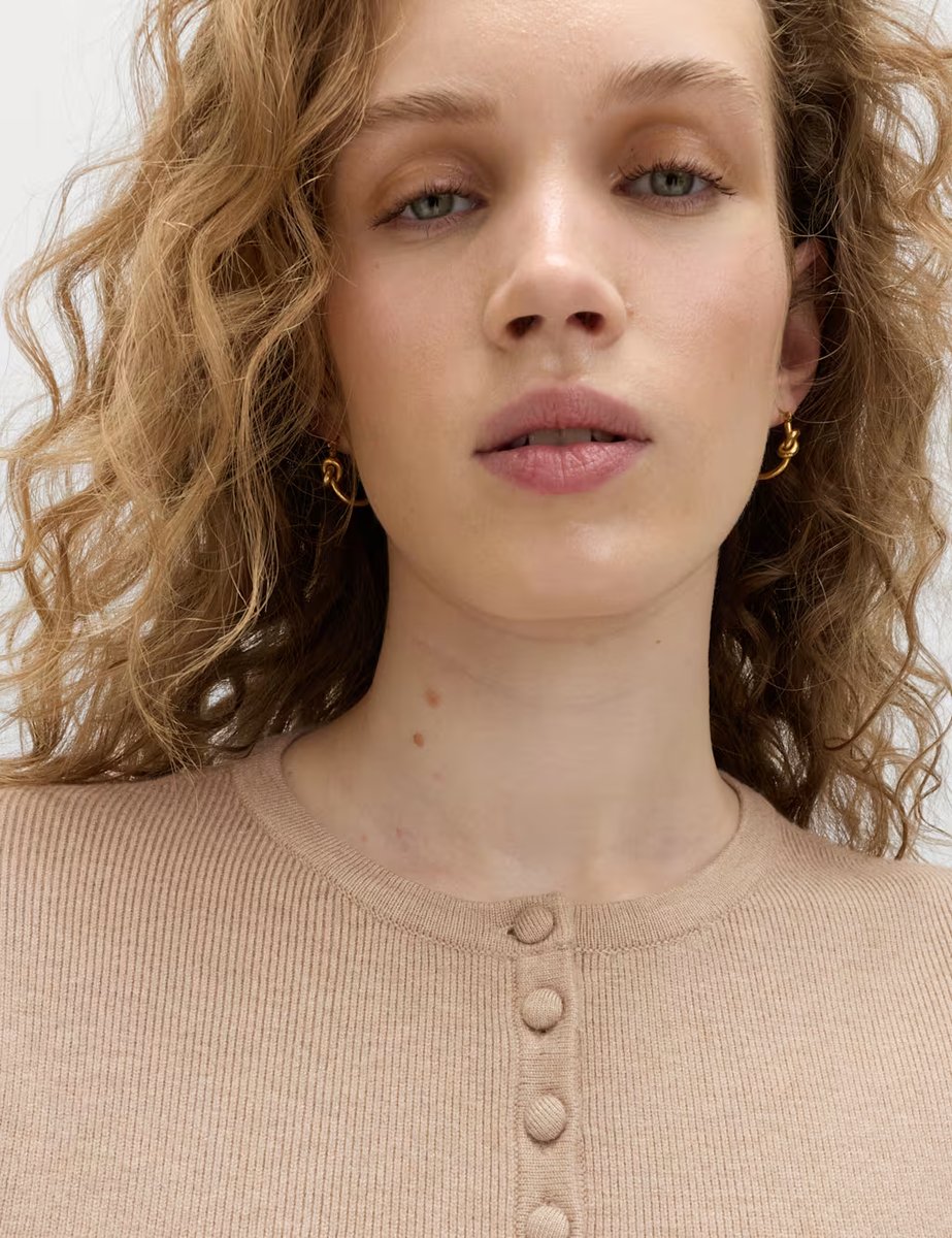 Marks & Spencer M&S Soft Touch Crew Neck Peplum Fitted Cardigan Cappuccino - 3