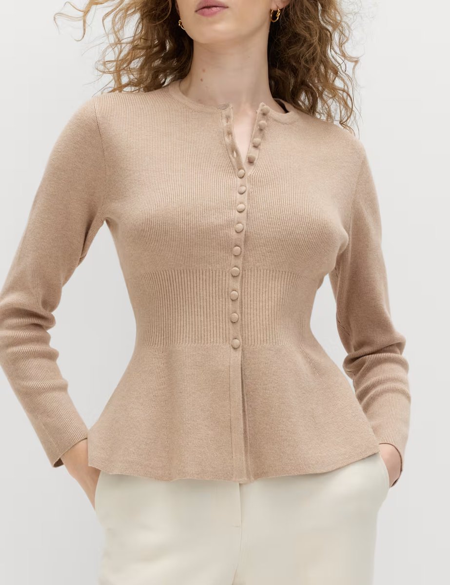 Marks & Spencer M&S Soft Touch Crew Neck Peplum Fitted Cardigan Cappuccino - 4