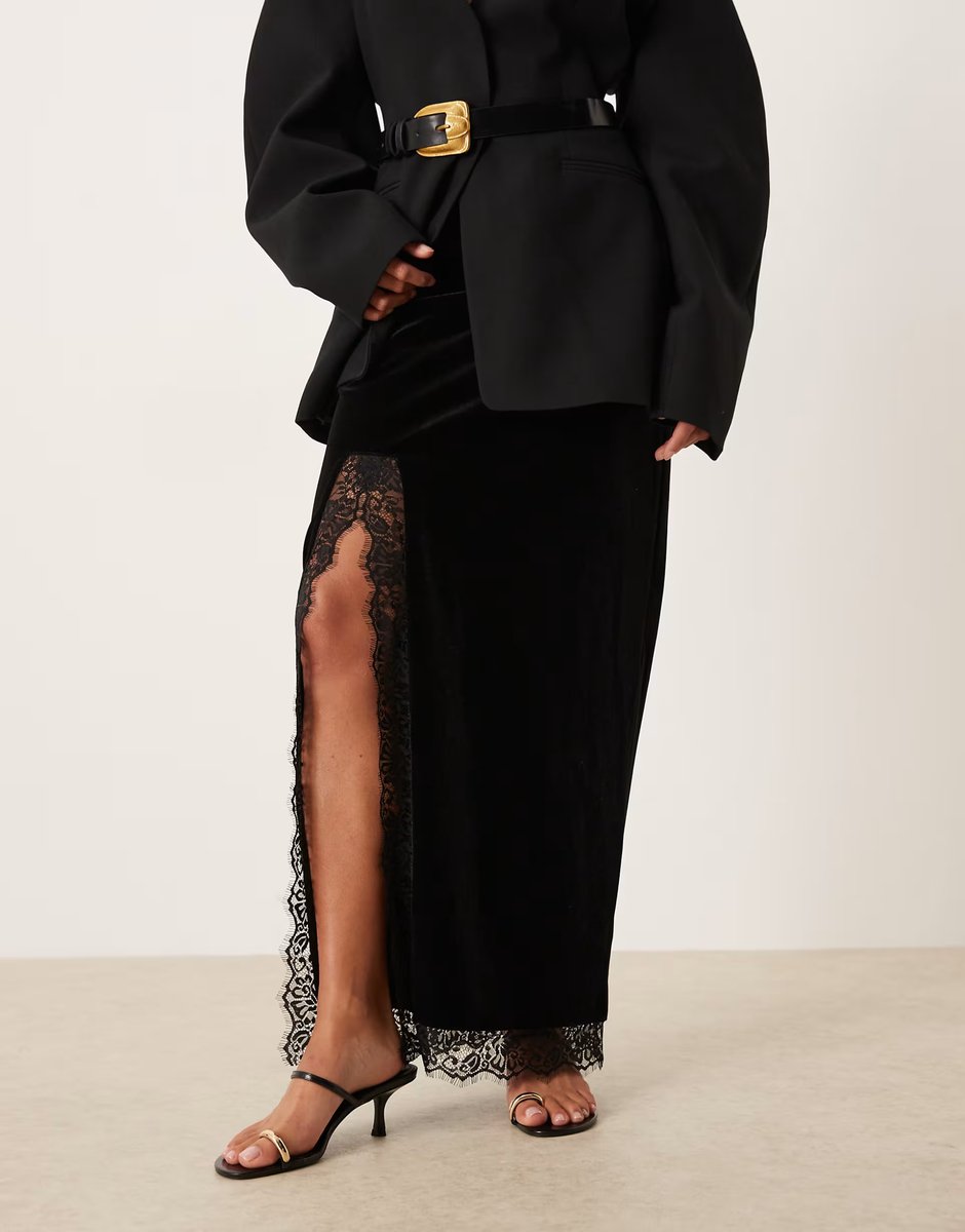 ASOS Gina Tricot Petite velvet maxi skirt with laces side split in black - 2