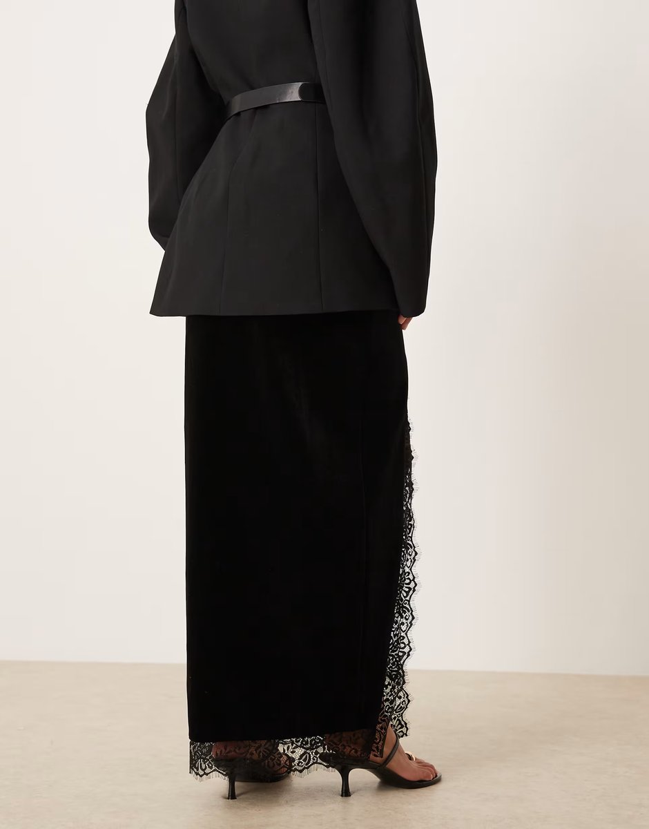 ASOS Gina Tricot Petite velvet maxi skirt with laces side split in black - 3