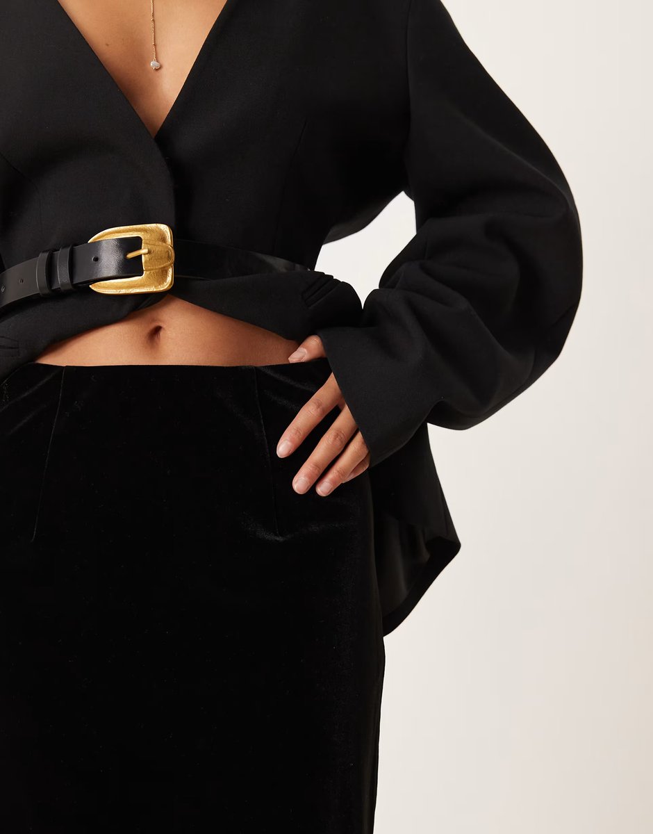 ASOS Gina Tricot Petite velvet maxi skirt with laces side split in black - 4