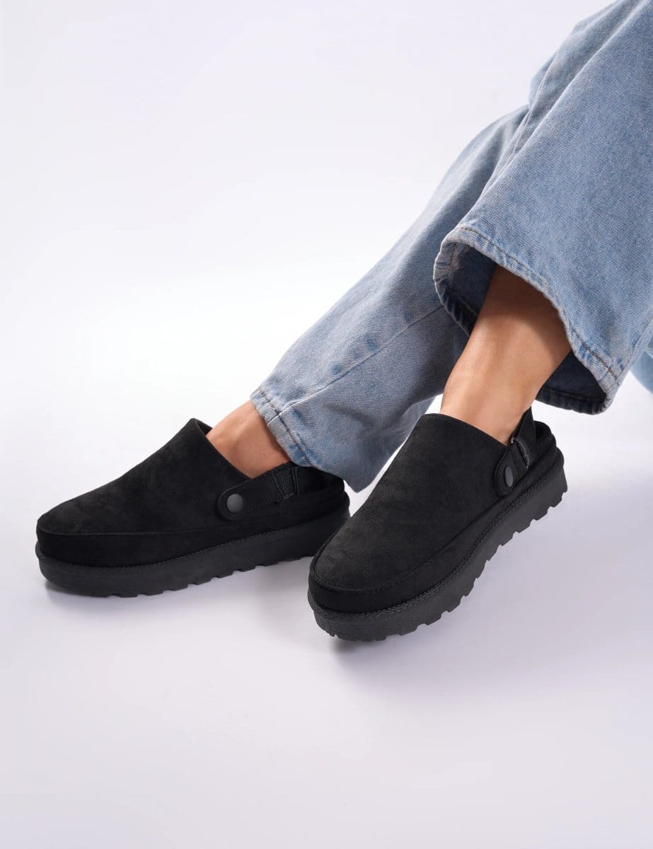 Public Desire Goldie Black Faux Fur Lined Mules - 1