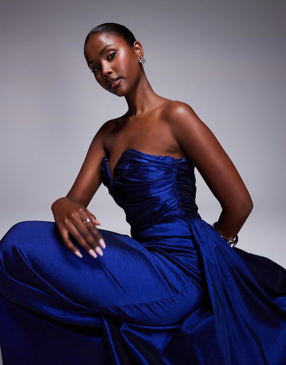 ASOS Jarlo ruched plunge neck structured satin maxi dress with skirt overlay in cobalt blue - 3