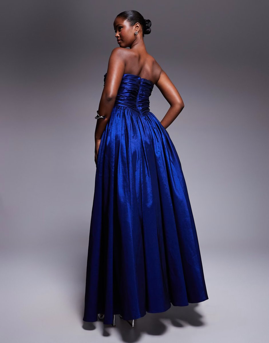 ASOS Jarlo ruched plunge neck structured satin maxi dress with skirt overlay in cobalt blue - 4