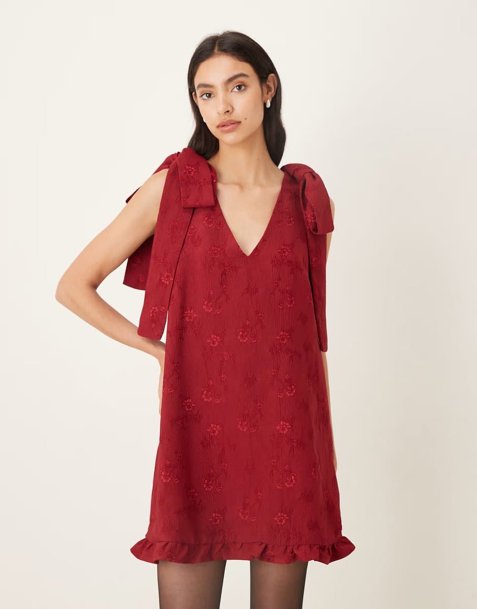 ASOS Sister Jane v neck bow shoulder mini dress with ruffle hem in berry red