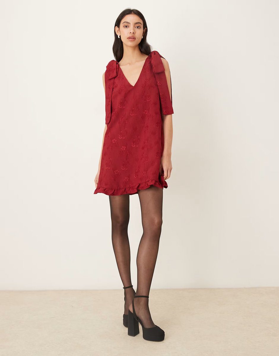 ASOS Sister Jane v neck bow shoulder mini dress with ruffle hem in berry red - 3