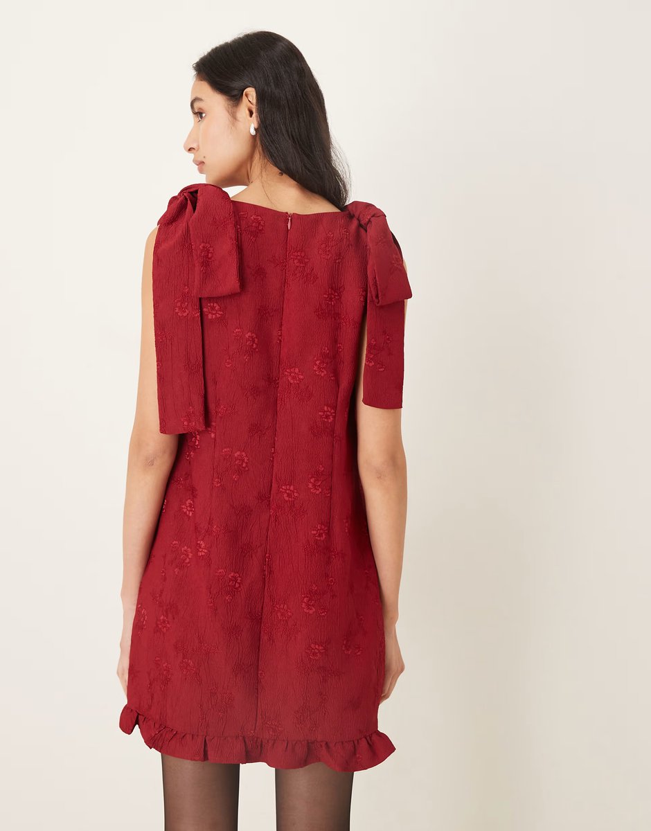 ASOS Sister Jane v neck bow shoulder mini dress with ruffle hem in berry red - 4