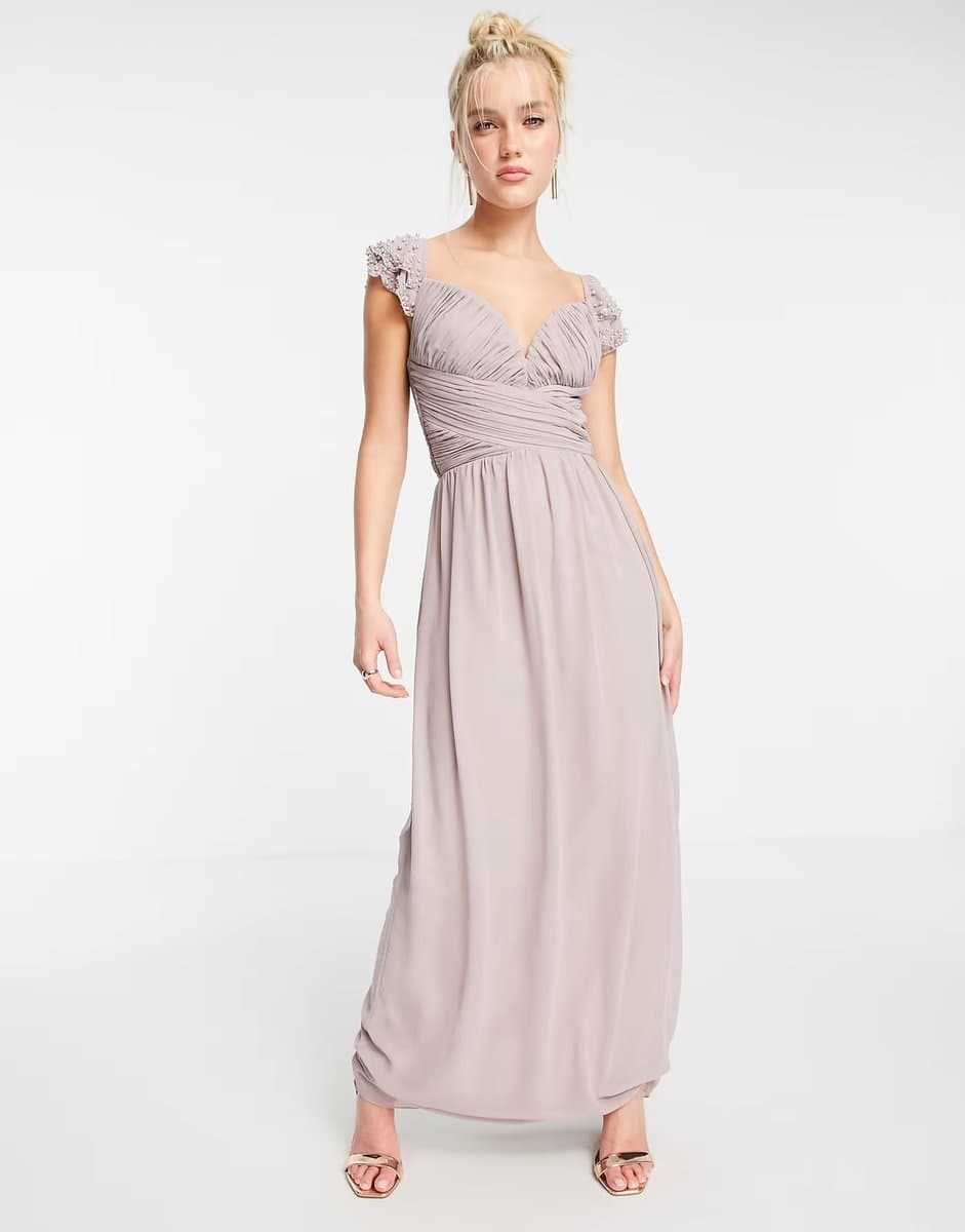 ASOS Little Mistress embellished flutter sleeve twist waist maxi dress in oyster grey