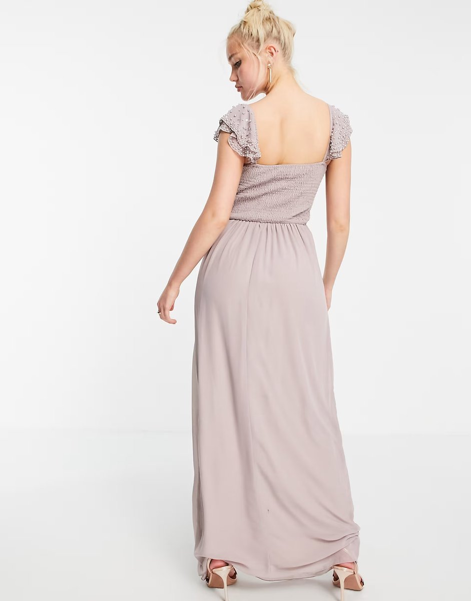ASOS Little Mistress embellished flutter sleeve twist waist maxi dress in oyster grey - 3
