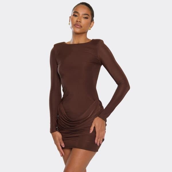 EGO Long Sleeve Shoulder Pad Front Draping Detail Mini Dress In Chocolate Brown, Women's Size UK 6
