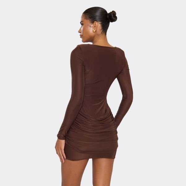 EGO Long Sleeve Shoulder Pad Front Draping Detail Mini Dress In Chocolate Brown, Women's Size UK 6 - 2