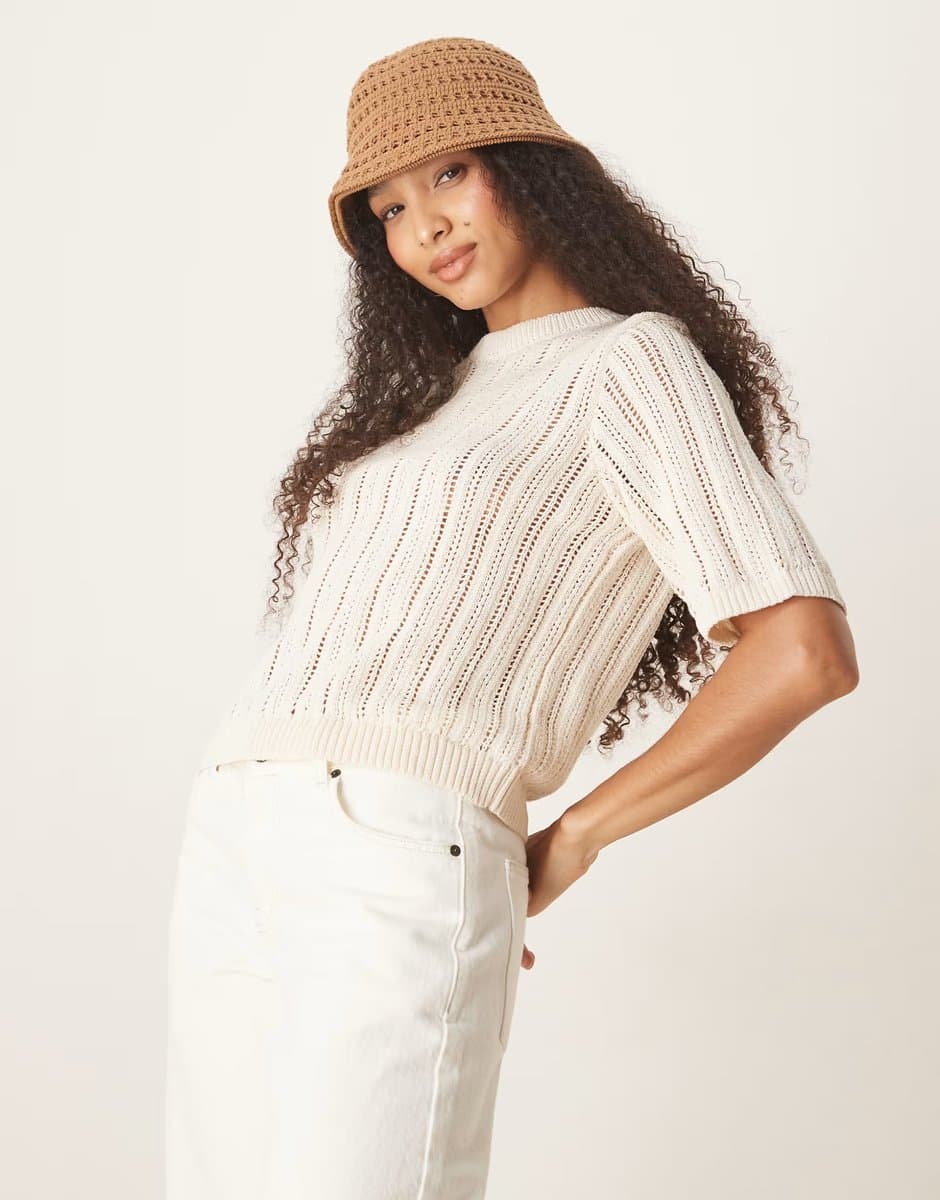 ASOS ASOS DESIGN knitted crochet look t-shirt in ecru