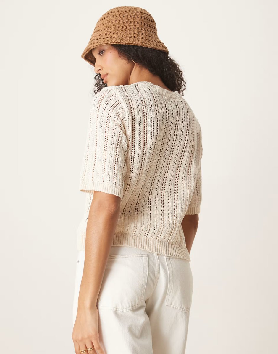ASOS ASOS DESIGN knitted crochet look t-shirt in ecru - 3