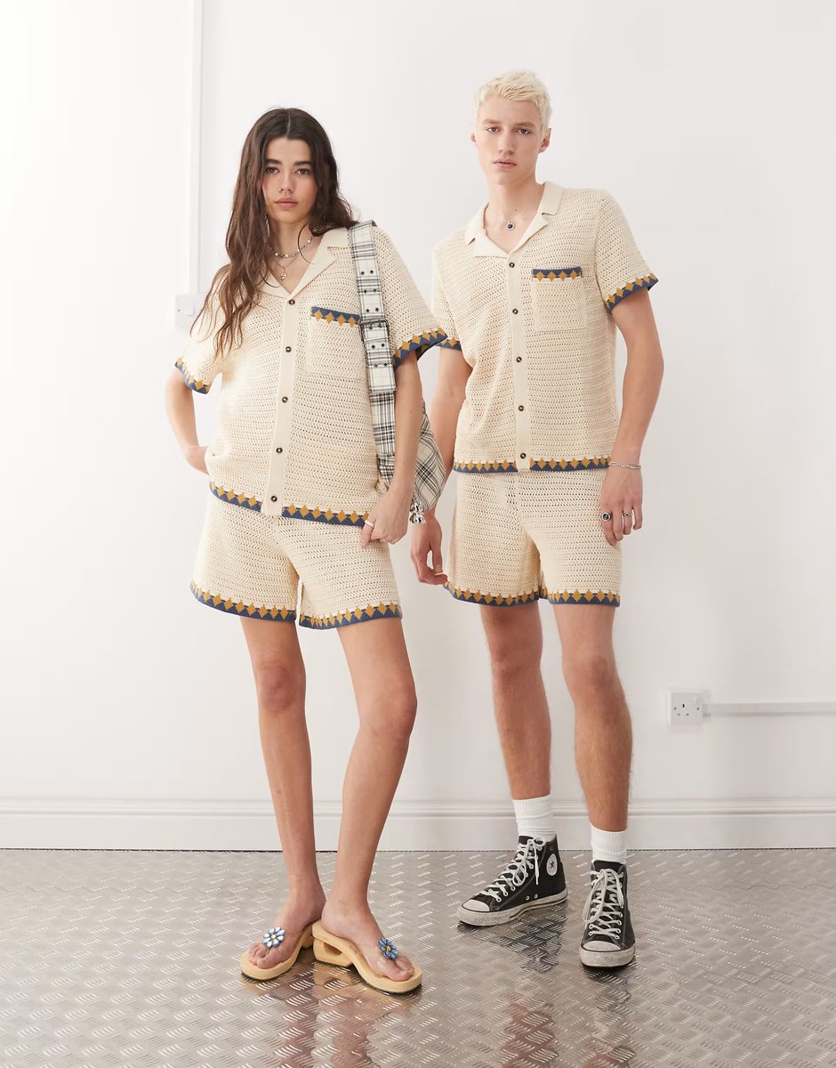 ASOS Reclaimed Vintage unisex short sleeve boxy crochet shirt in ecru co-ord - 3