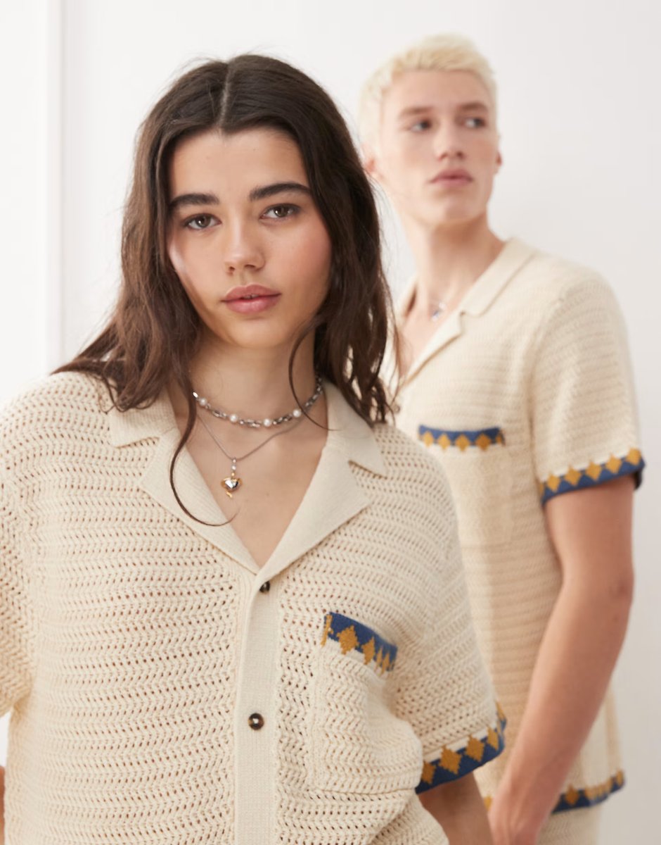 ASOS Reclaimed Vintage unisex short sleeve boxy crochet shirt in ecru co-ord - 4