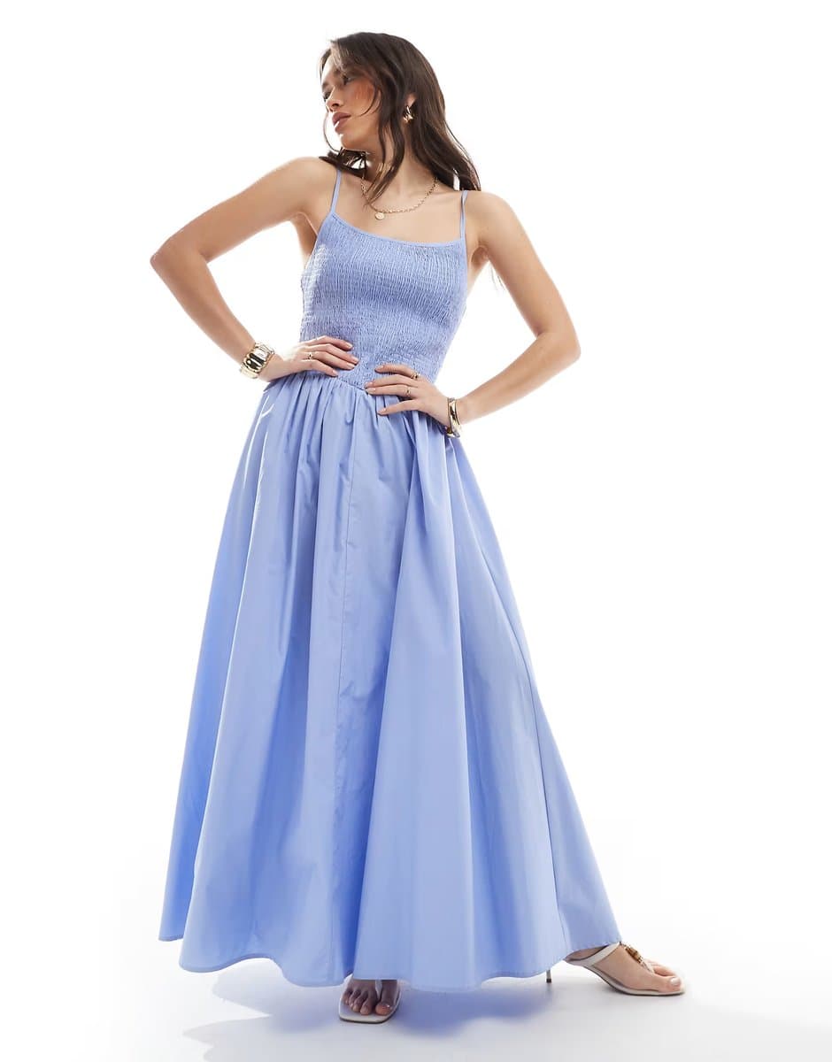 ASOS 4th & Reckless shirred cami v waist ruched skirt maxi dress in blue