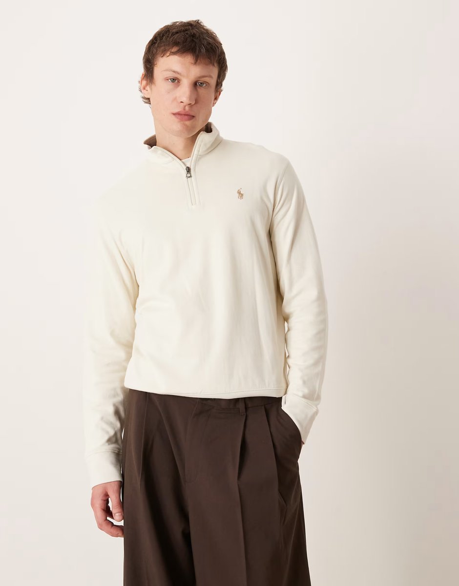 ASOS Polo Ralph Lauren icon logo double knit jersey half zip sweatshirt in cream - 1