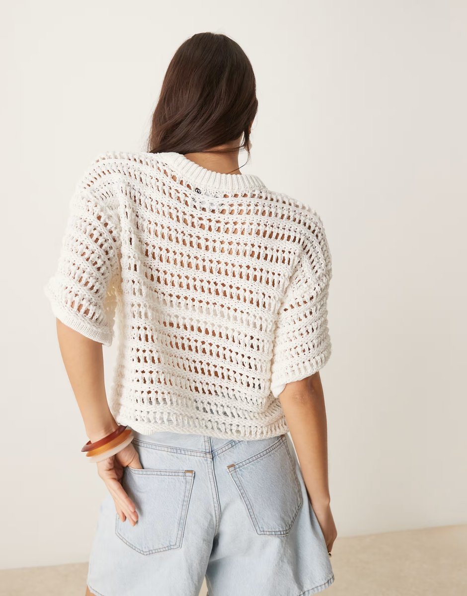 ASOS ASOS DESIGN relaxed short sleeve t-shirt in mock crochet stitch in cream - 3