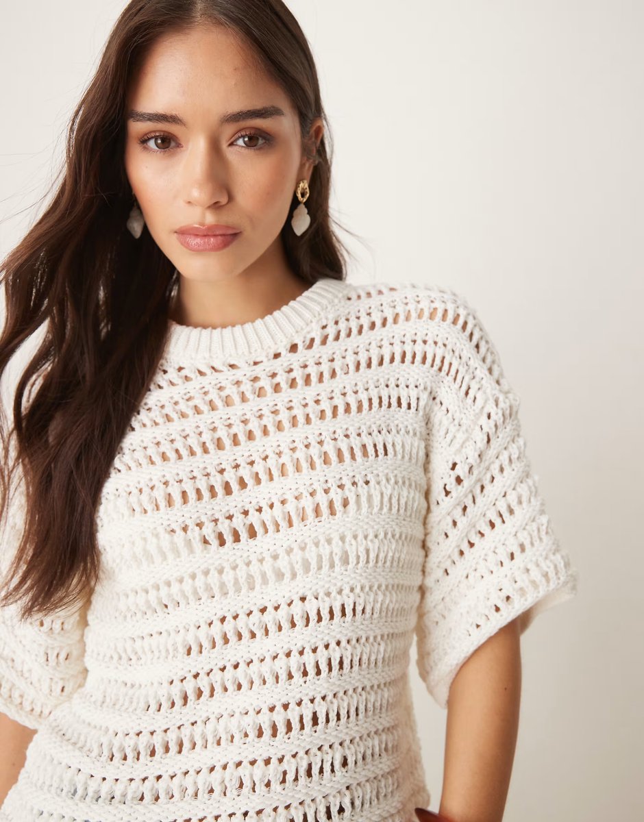 ASOS ASOS DESIGN relaxed short sleeve t-shirt in mock crochet stitch in cream - 4