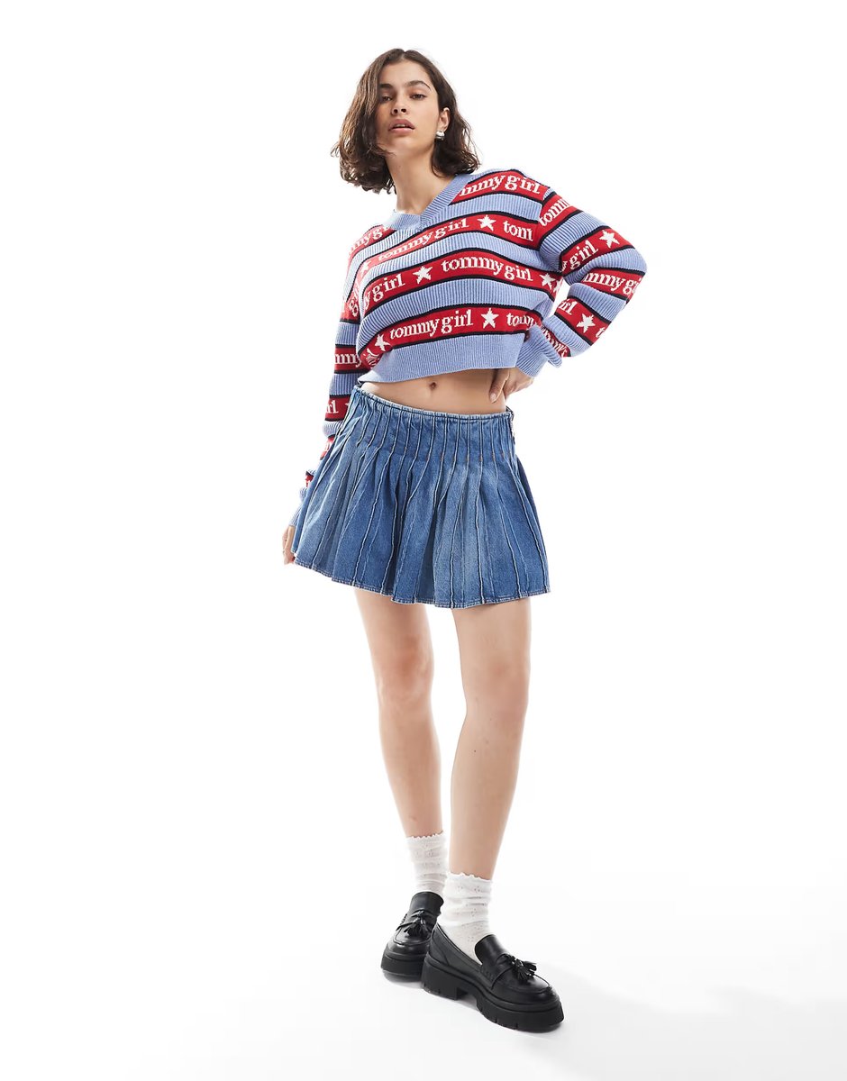 ASOS Tommy Jeans tommy girl pleated denim mini skirt in dark wash - 3