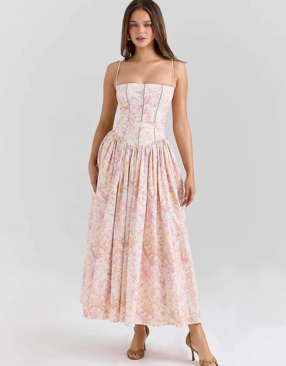 ASOS House of CB Ysabella peach floral print stretch cotton midi sundress in peach floral