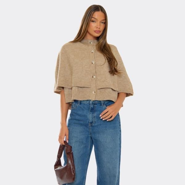 EGO EGO Round Neck Button Up Detail Cape Top in Beige Knit