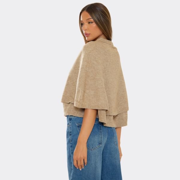 EGO Round Neck Button Up Detail Cape Top In Beige Knit, Women's Size UK One Size - 2