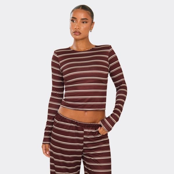 EGO Long Sleeve Shoulder Pad Crew Neck Top In Brown Stripe, Women's Size UK 6 - 1