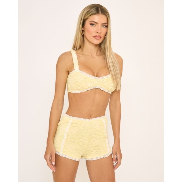EGO Frill Trim Detail Ruched Bralet In Lemon Lace, Women's Size UK 10 - 2