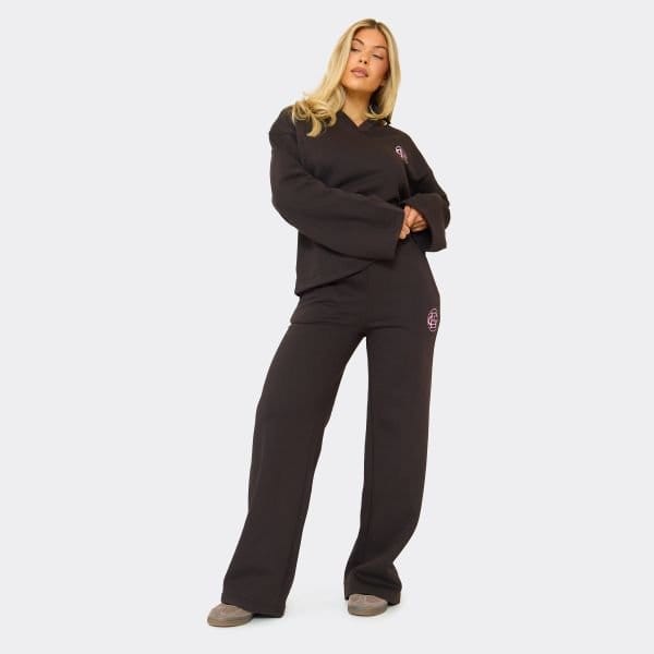 EGO Low Rise Embroidered Graphic Wide Leg Joggers In Chocolate Brown, Women's Size UK 6 - 1