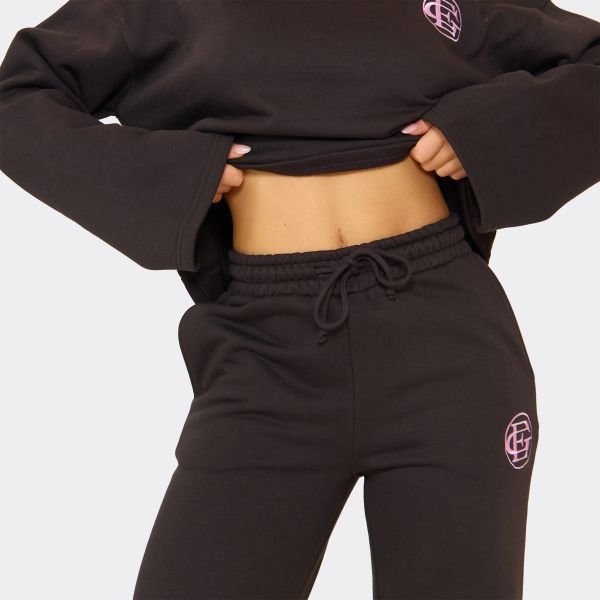 EGO Low Rise Embroidered Graphic Wide Leg Joggers In Chocolate Brown, Women's Size UK 6 - 2