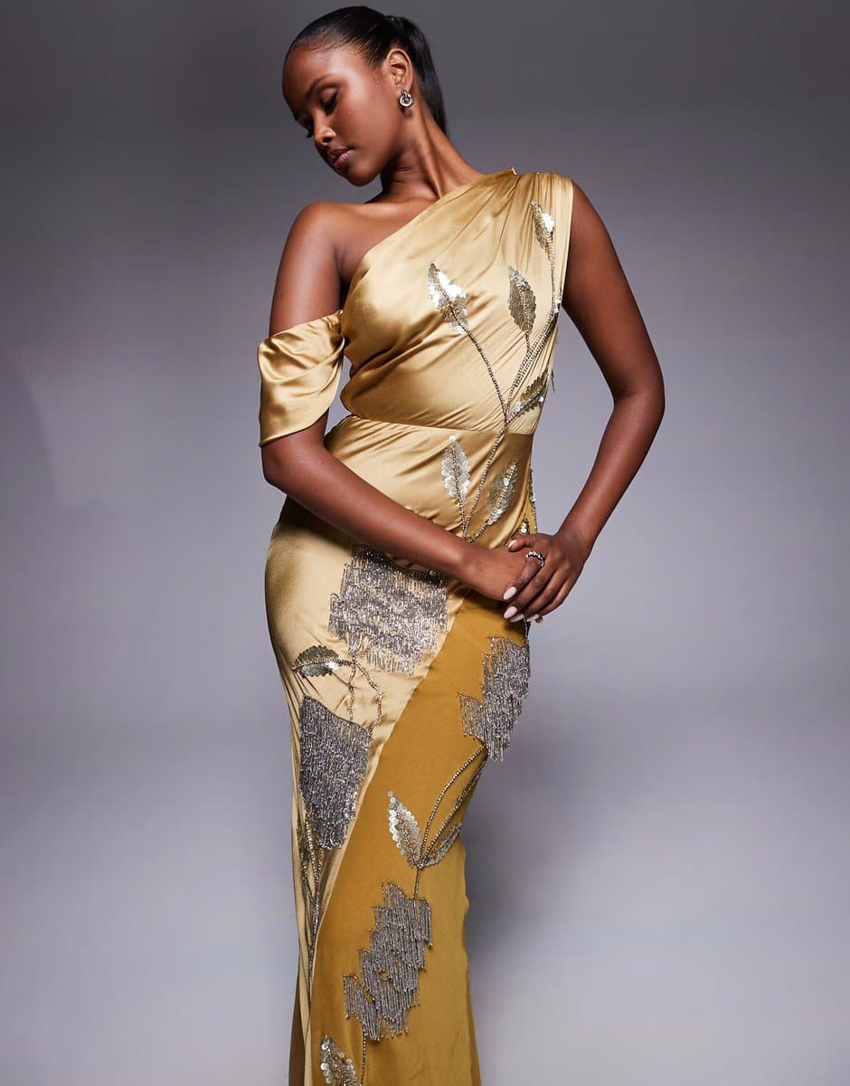 ASOS ASOS DESIGN floral embellished chiffon satin mix maxi dress in ochre