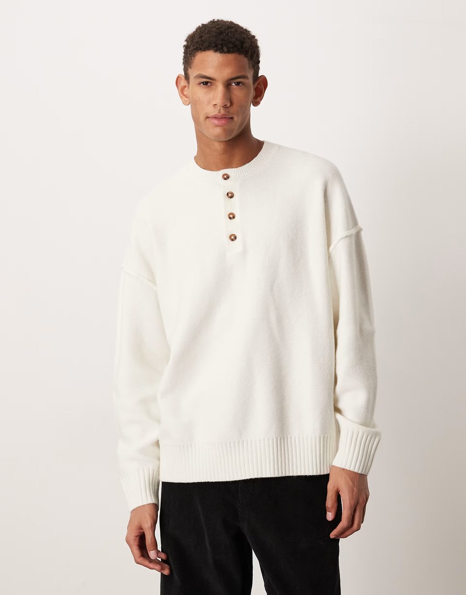 ASOS ASOS DESIGN relaxed knitted fluffy henley neck jumper in ecru - 1