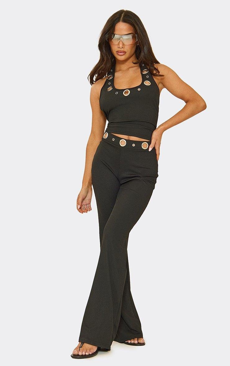 EGO Scoop Halter Neck Eyelet Detail Top And Trouser Co-Ord Set In Black Ribbed, Women's Size UK L - 2