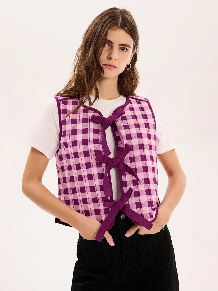 OMNES Jojo Quilted Gilet in Pink Gingham - 4