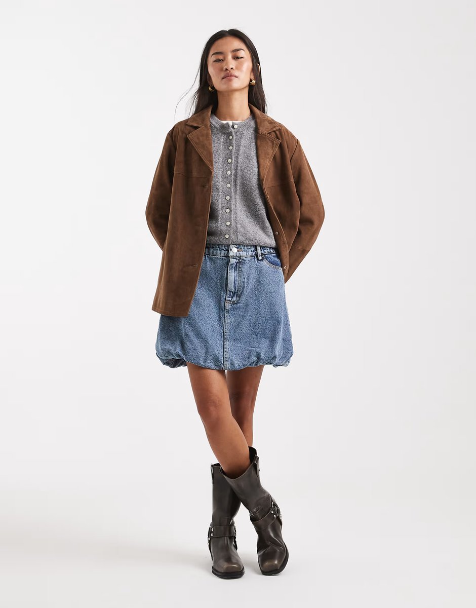 ASOS Pieces puffball hem denim mini skirt in light blue - 2