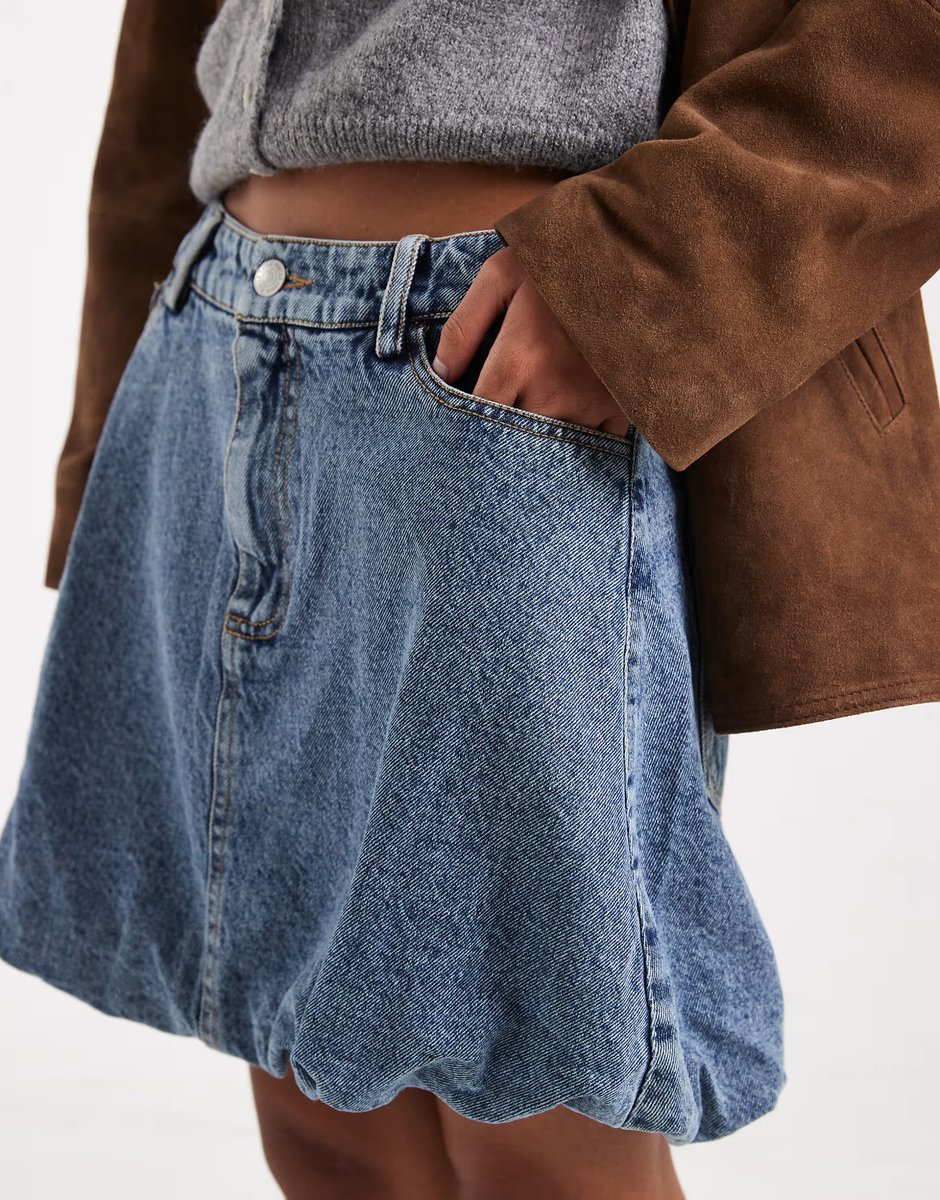 ASOS Pieces puffball hem denim mini skirt in light blue - 3