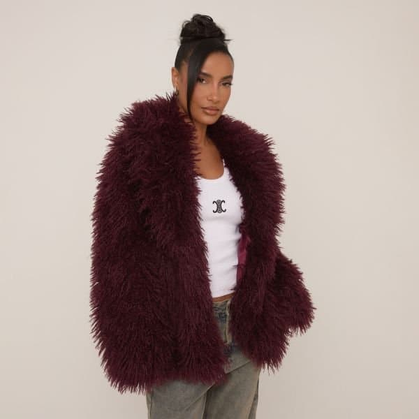 EGO Oversized Collar Shaggy Coat In Burgundy Faux Fur, Women's Size UK 4