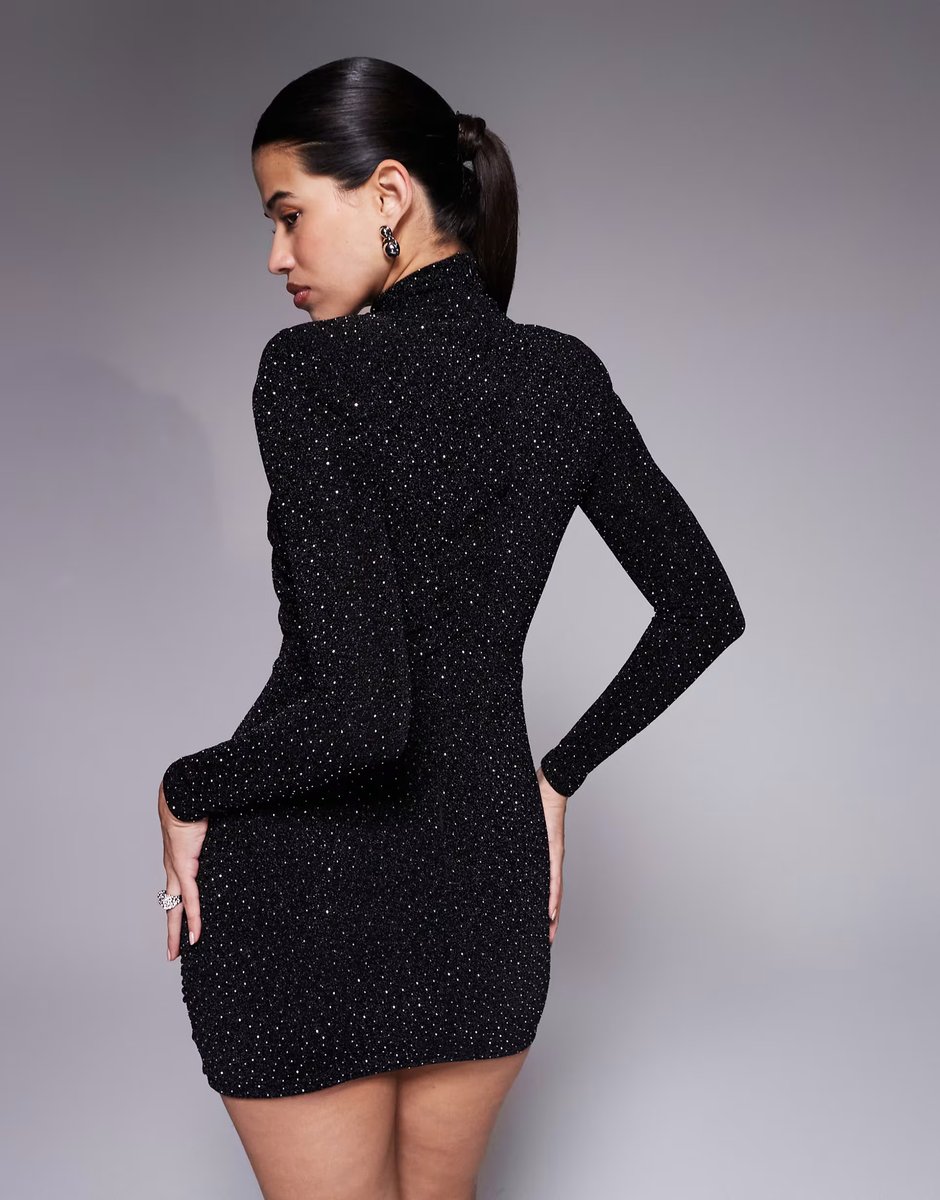 ASOS Ruched & Ready I'm Her shoulder pad cross front sculpting glitter and hotfix mini dress in black - 2