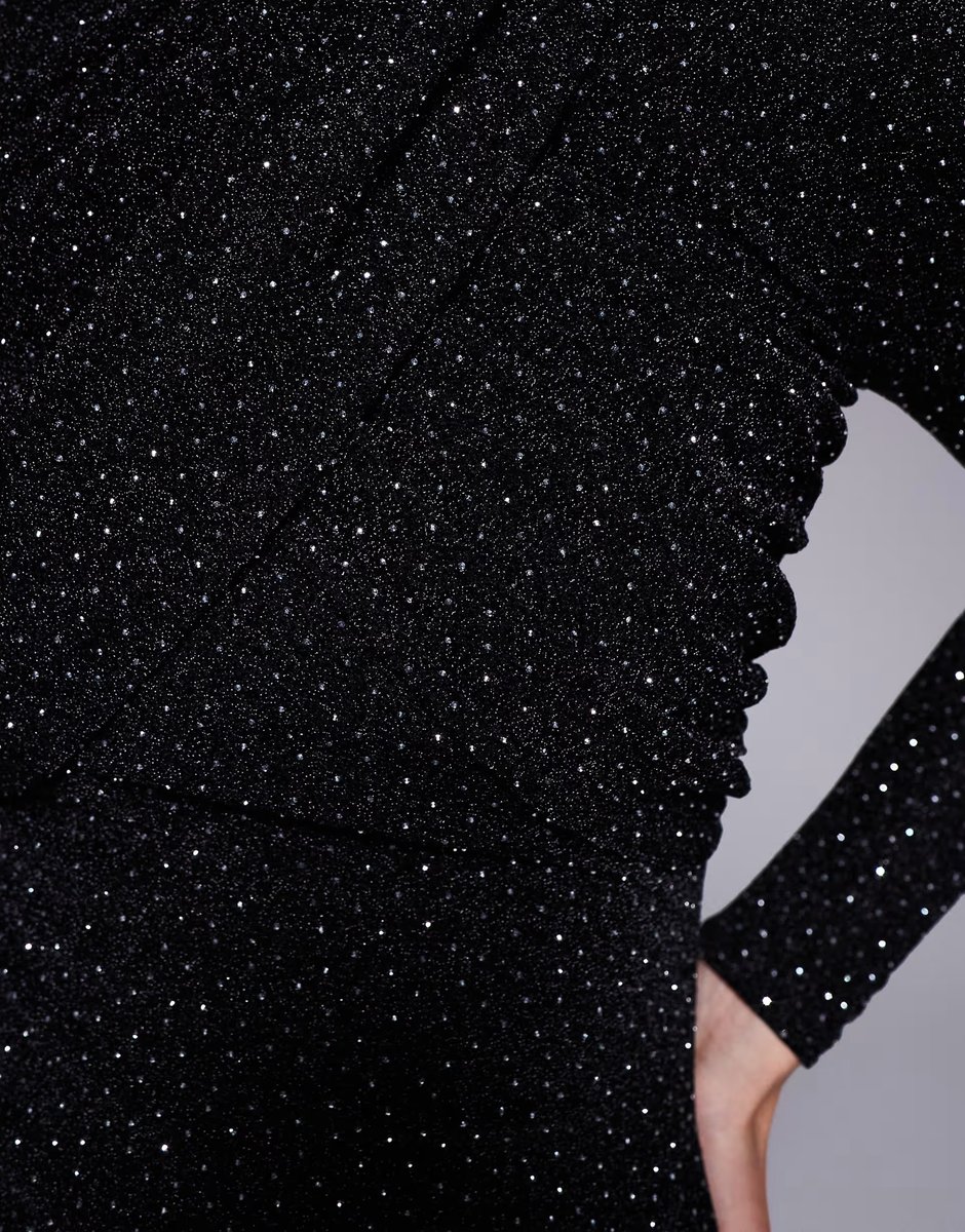 ASOS Ruched & Ready I'm Her shoulder pad cross front sculpting glitter and hotfix mini dress in black - 3