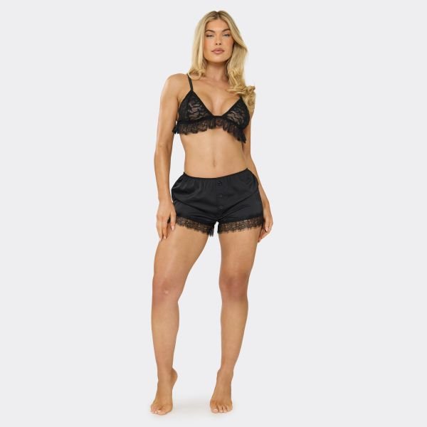 EGO SATIN LACE TRIM BUTTON DOWN BOXER SHORT IN BLACK, Women's Size UK 6 - 2