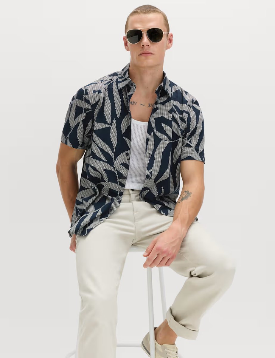 Marks & Spencer M&S Pure Cotton Floral Short Sleeve Shirt Dark Navy - 4