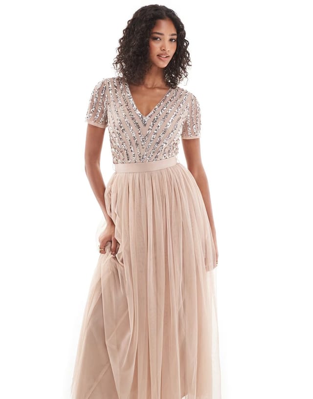 ASOS Maya Belted stripe embellished bridesmaid maxi dress in taupe blush - 3