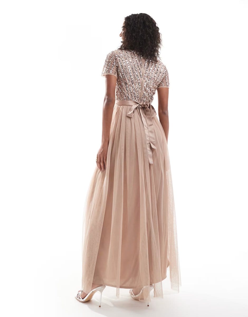 ASOS Maya Belted stripe embellished bridesmaid maxi dress in taupe blush - 4