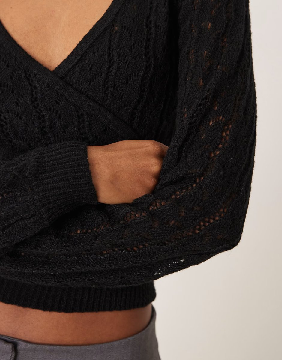 ASOS Motel Nilara long sleeve pointelle knit top in black - 2