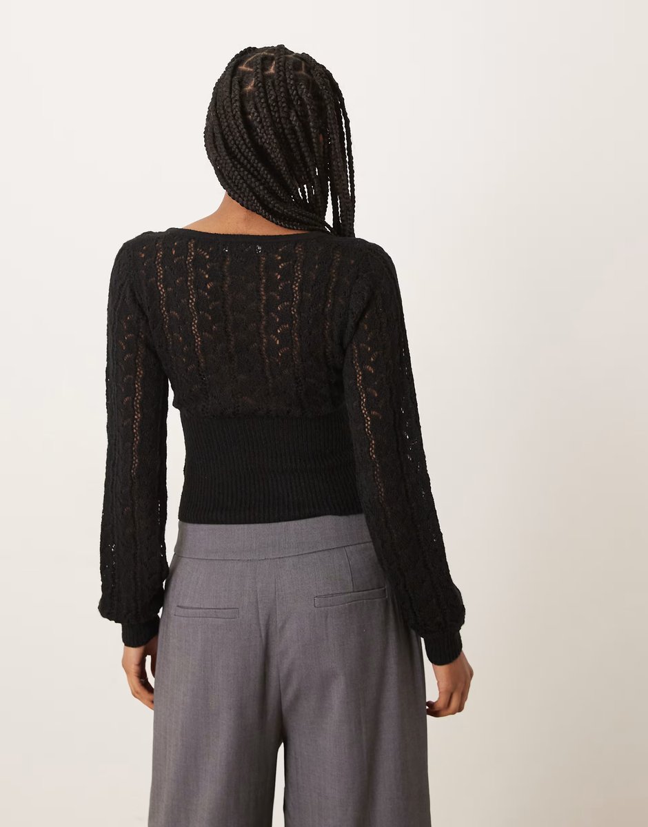 ASOS Motel Nilara long sleeve pointelle knit top in black - 4