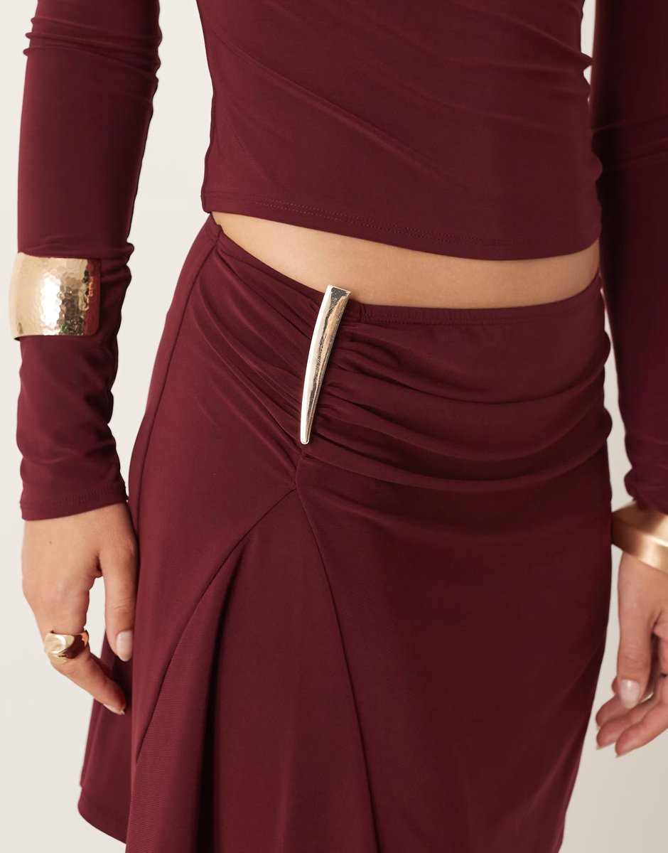 ASOS ASOS DESIGN co-ord slinky mini skirt with ruched trim detail in burgundy - 3